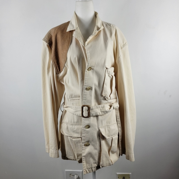 Vintage 80s Banana Republic Leather Patch Belted Button Up Utility Safari Jacket - Picture 2 of 12